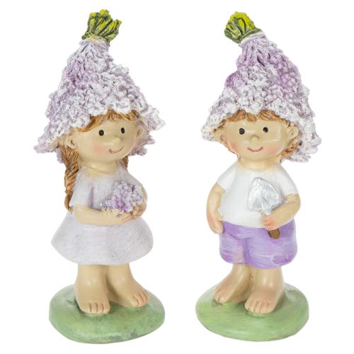 Itens Conjunto de 2 estatuetas decorativas representando um menino e uma menina floristas em tons de lavanda, para sala de estar e jardim, 10 cm de altura.