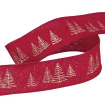 Itens Fita decorativa de Natal em vermelho com motivos dourados de árvores de Natal, largura 25mm, comprimento 15m