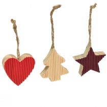 Itens Decorações para árvores de Natal em madeira coração estrela árvore vermelha 4,5 cm 9 unidades