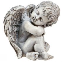 Anjo sentado figura decorativa decoração de túmulo cinza poliresina Alt.18cm