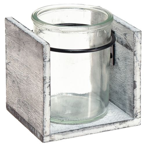 Porta-velas de vidro em moldura de madeira rústica - cinza-branco, 10x9x10 cm 3 peças - charmosa decoração de mesa
