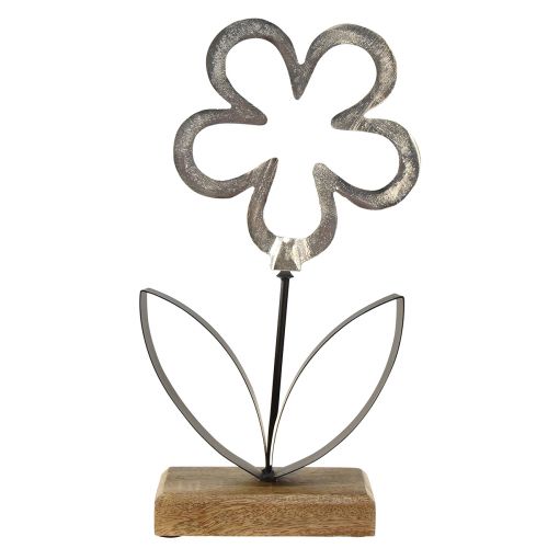 Itens Flor decoração metal prata base madeira preta 15x29cm