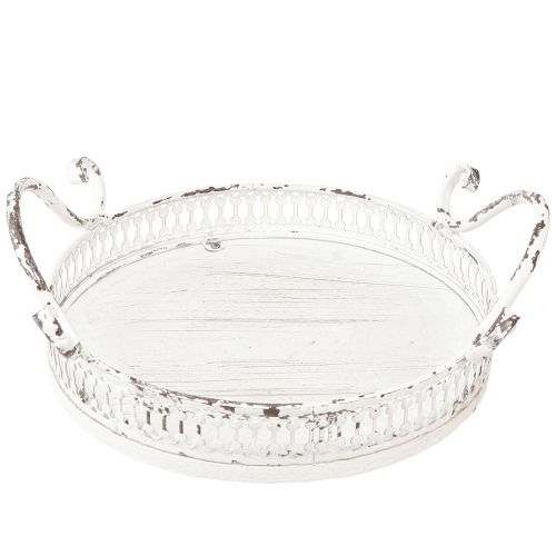 Floristik24 Bandeja decorativa metal alça branca shabby chic Ø20cm Alt.8cm