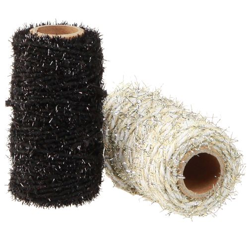 Floristik24 Cordão decorativo glitter preto bege branco W1,5mm L25m 2 peças