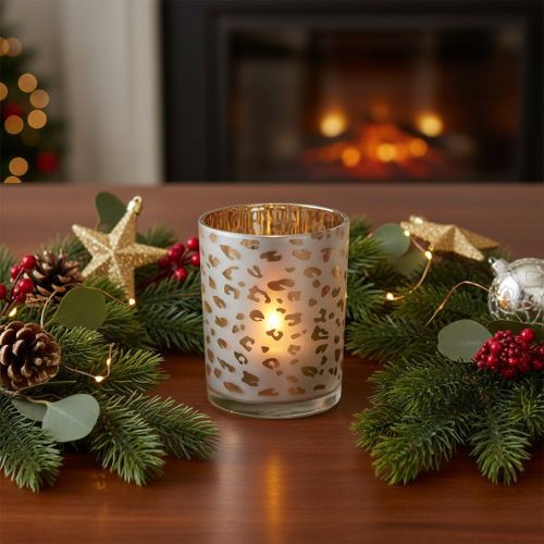 Itens Porta-velas de vidro com estampa de leopardo, 12 cm
