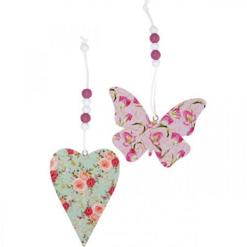 Pingente com padrão de flores, coração e borboleta, decoração de primavera para pendurar H11,5/8,5cm 4uds