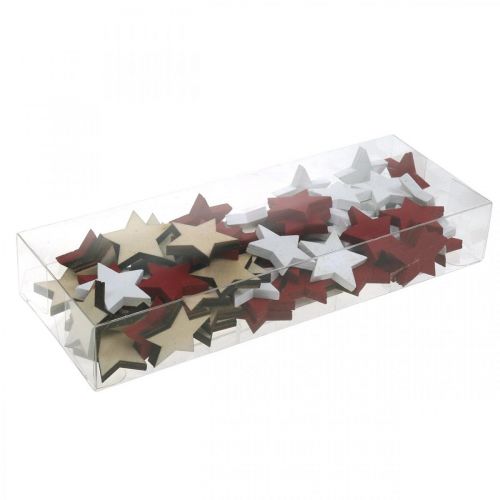 Itens Decoração dispersa estrelas de madeira natural, vermelho, branco 3 cm mix 72 unidades