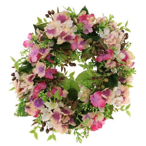 Coroa de flores com hortênsias e bagas rosa Ø30cm
