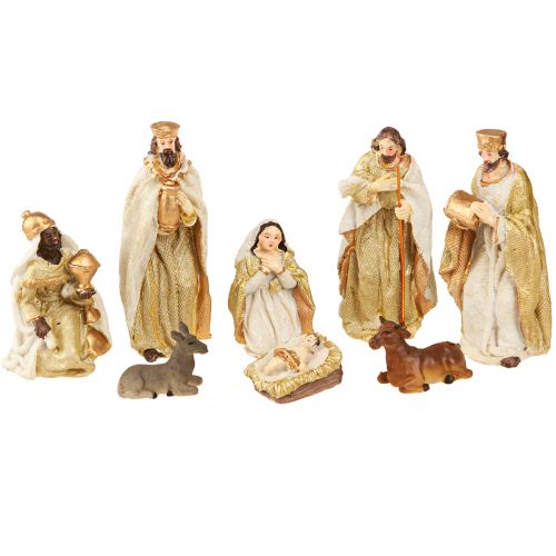 Conjunto de figuras de presépio com 8 figuras creme dourado pintadas à mão 6-12,5 cm