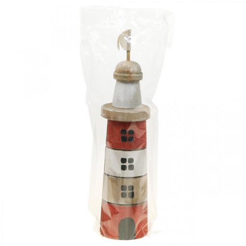 Itens Farol de madeira decoração marítima em madeira vermelho branco Alt.30,5cm