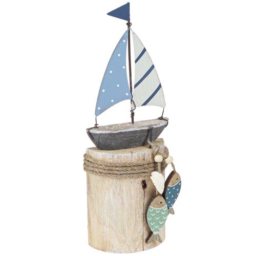 Decoração marítima veleiro madeira com peixe branco azul Alt.24cm