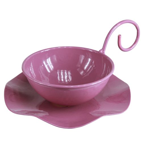 Xícara decorativa de metal com pires rosa Alt.8cm Ø11,5cm 2 unidades