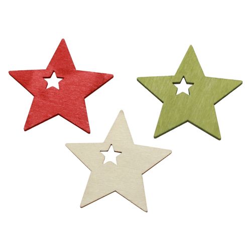 Decoração dispersa de Natal estrelas de madeira vermelho natural verde 5 cm 72 unidades