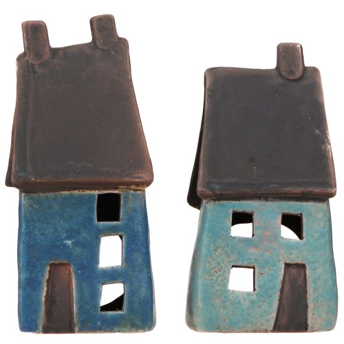 Itens Lanterna casa de cerâmica azul marrom Alt.15,5/17,5cm 2 unidades
