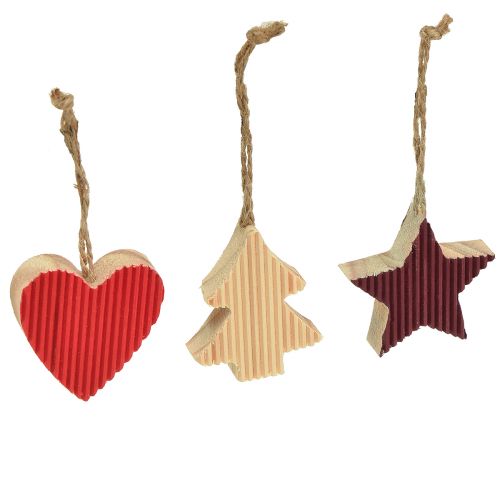 Decorações para árvores de Natal em madeira coração estrela árvore vermelha 4,5 cm 9 unidades