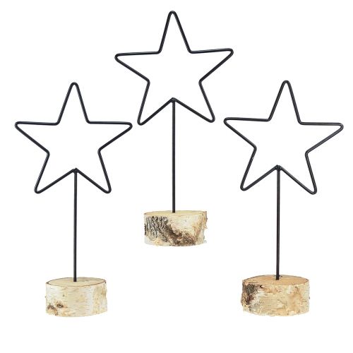 Castiçais decorativos de estrela em base de madeira - conjunto de 3 - preto e natural, 40 cm - decoração de mesa elegante
