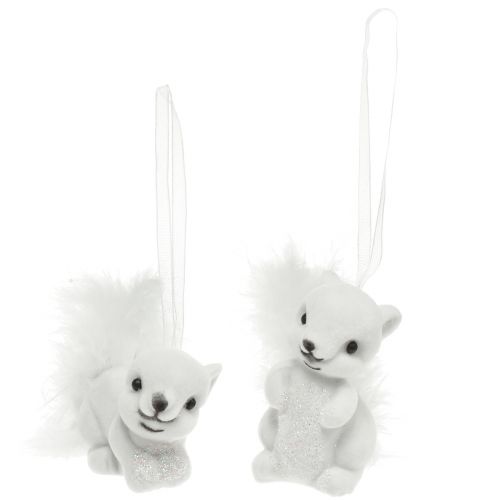 Amuletos de esquilo branco de 6 cm com detalhes de brilho e penas - perfeitos para decoração festiva de árvore de Natal - pacote de 2