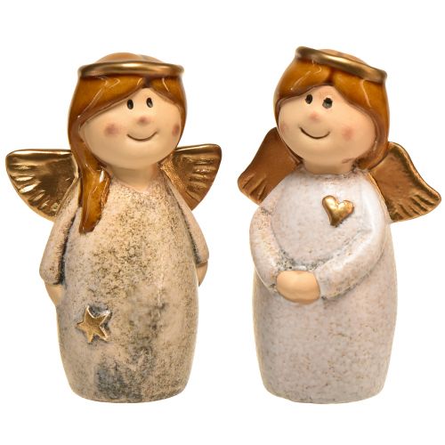 Conjunto de 2 figuras decorativas de anjo - creme e branco com detalhes dourados, 13 cm - embelezamento celestial para sua casa