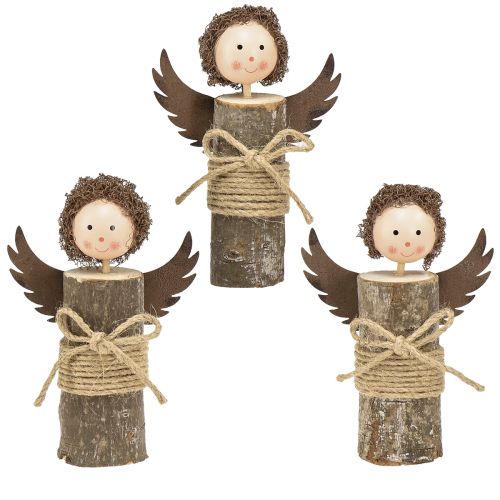 Anjo com cachos decoração de madeira Natal natural Alt.15cm 3 unidades