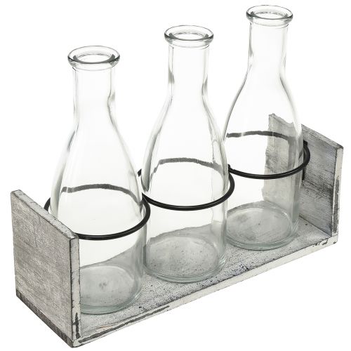 Conjunto de garrafa rústica em suporte de madeira - 3 garrafas de vidro, cinza-branco, 24x8x20 cm - Versátil para decoração