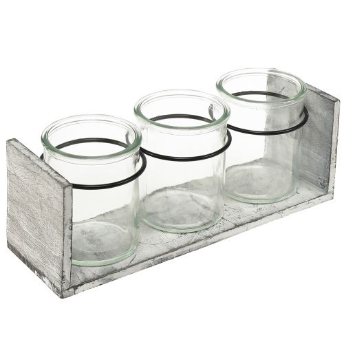 Recipiente de vidro rústico colocado em suporte de madeira cinza e branco - 27,5x9x11 cm - Solução versátil de armazenamento e decoração