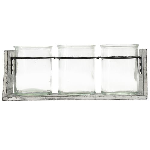 Itens Recipiente de vidro rústico colocado em suporte de madeira cinza e branco - 27,5x9x11 cm - Solução versátil de armazenamento e decoração