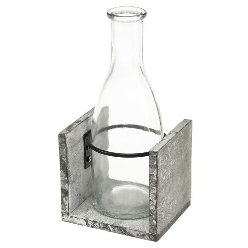 Vaso de vidro em suporte de madeira cinza, 9,5x8x20cm - Decoração rústica em conjunto de 4