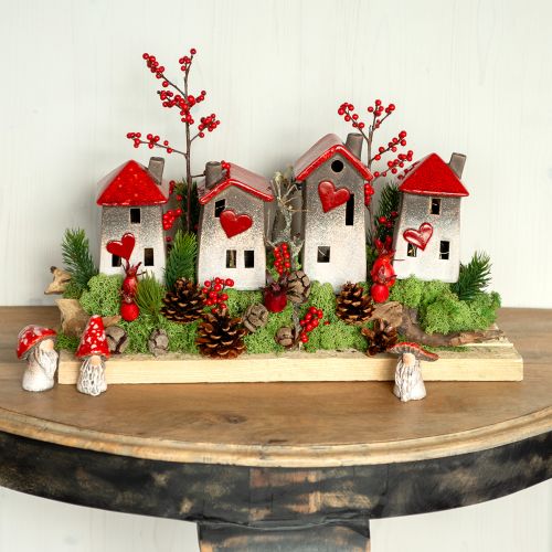 Casas românticas de cerâmica com motivo de coração – tons vermelhos e naturais, 11cm – decoração de inverno cuidadosamente desenhada – 3 peças