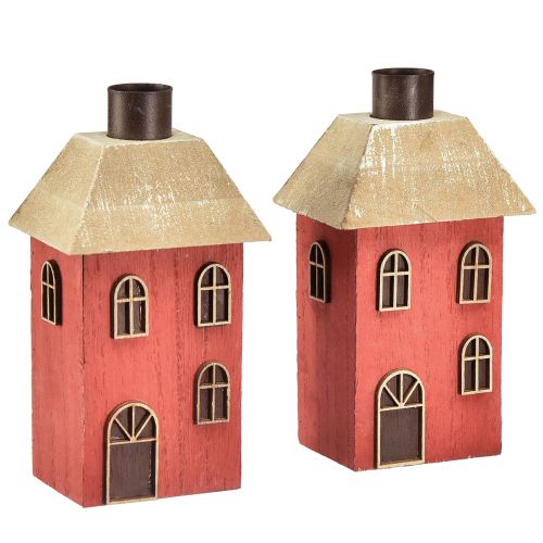 Castiçal casa madeira castiçal vermelho H14,5cm 2 unidades