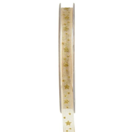 Floristik24 Fita de organza Fita de Natal estrelas bege dourado W10mm L20m