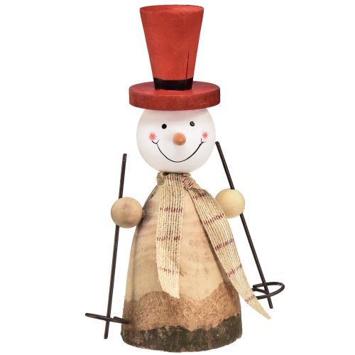 Boneco de neve feito de figura decorativa de madeira com chapéu vermelho natural Alt.20,5cm