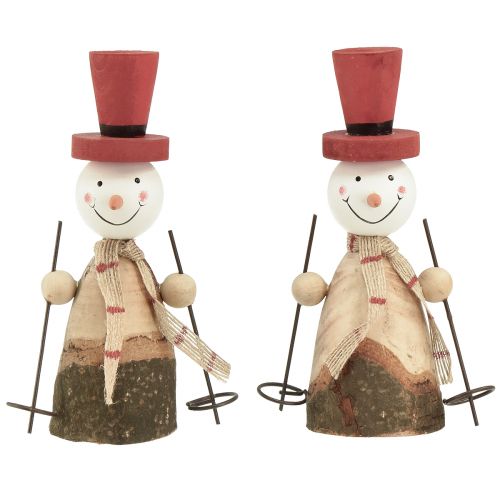 Adorável conjunto de 2 bonecos de neve de madeira com cartola vermelha - natural e vermelho, 15,5 cm - decoração de mesa de inverno