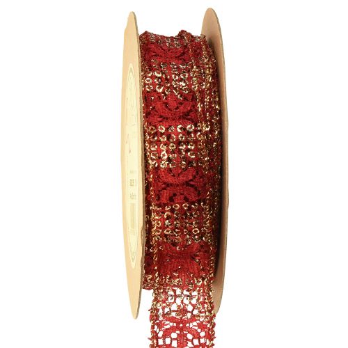 Fita de renda com tecido decorativo glitter vermelho dourado 25mm 15m