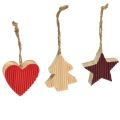 Floristik24 Decorações para árvores de Natal em madeira coração estrela árvore vermelha 4,5 cm 9 unidades